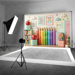 Aperturee - Aperturee Playful Classroom Photography Backdrop with Rainbow Pencils Books and Alphabet for Back to School