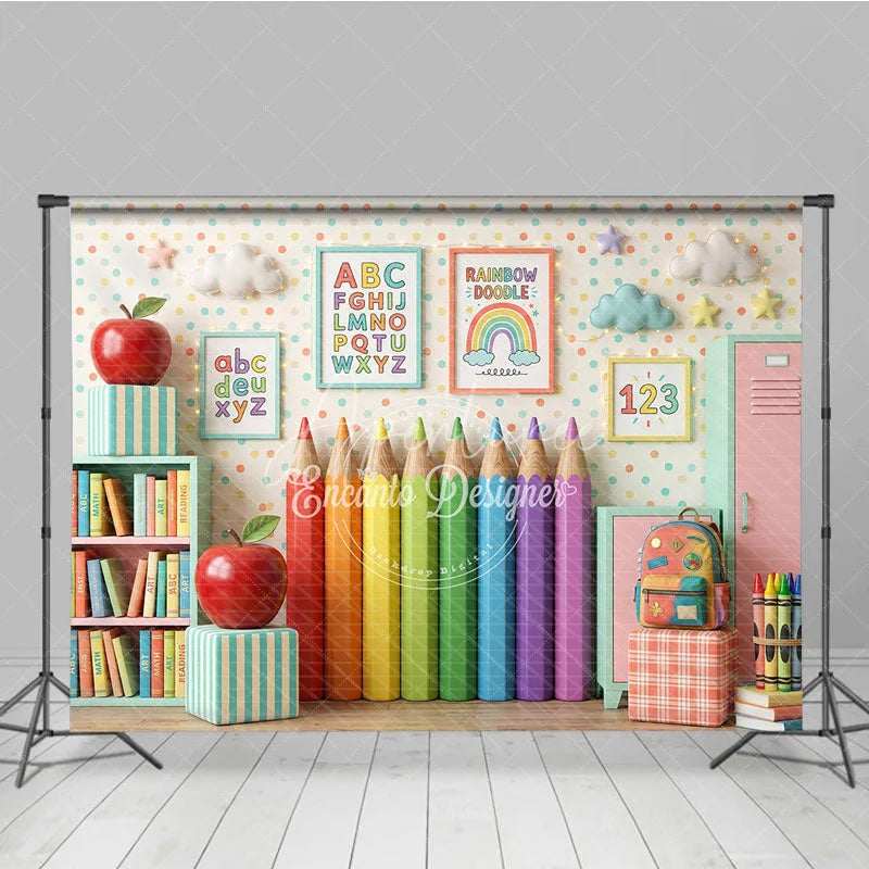 Aperturee - Aperturee Playful Classroom Photography Backdrop with Rainbow Pencils Books and Alphabet for Back to School