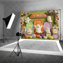 Aperturee - Aperturee Playful Green Boo Garden Cute Ghosts and Colorful Pumpkins Photography Backdrop Archways and Bats for Halloween Party