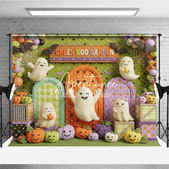 Aperturee - Aperturee Playful Green Boo Garden Cute Ghosts and Colorful Pumpkins Photography Backdrop Archways and Bats for Halloween Party