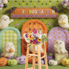 Aperturee - Aperturee Playful Green Boo Garden Cute Ghosts and Colorful Pumpkins Photography Backdrop Archways and Bats for Halloween Party
