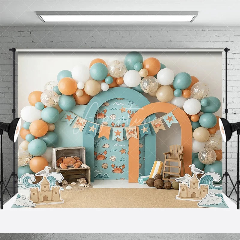 Aperturee - Aperturee Playful Teal Orange Beach Ocean Crab Photography Backdrop Summer Sandcastle Waves Birthday Party Decor