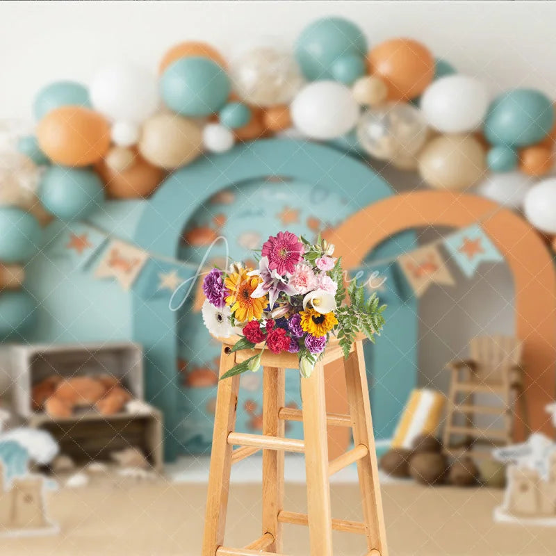 Aperturee - Aperturee Playful Teal Orange Beach Ocean Crab Photography Backdrop Summer Sandcastle Waves Birthday Party Decor