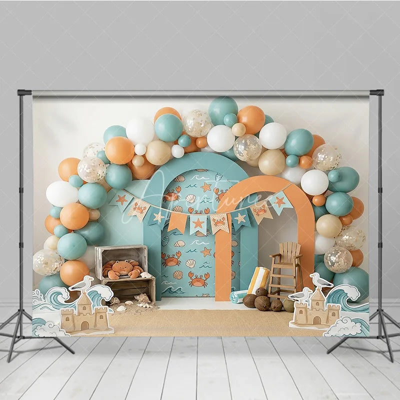 Aperturee - Aperturee Playful Teal Orange Beach Ocean Crab Photography Backdrop Summer Sandcastle Waves Birthday Party Decor