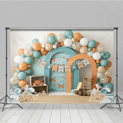 Aperturee - Aperturee Playful Teal Orange Beach Ocean Crab Photography Backdrop Summer Sandcastle Waves Birthday Party Decor