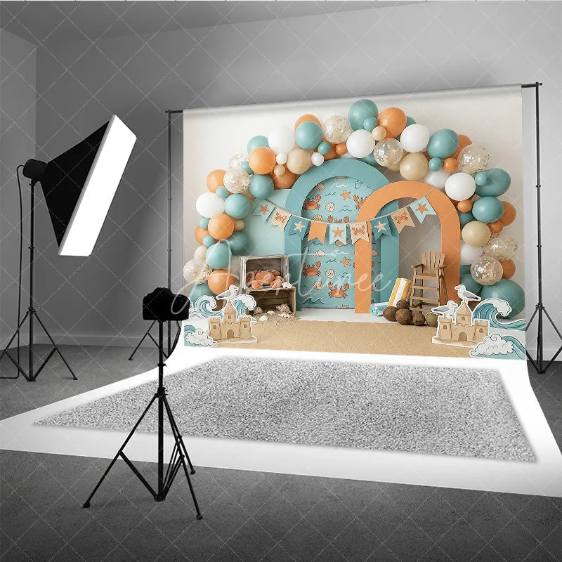Aperturee - Aperturee Playful Teal Orange Beach Ocean Crab Photography Backdrop Summer Sandcastle Waves Birthday Party Decor