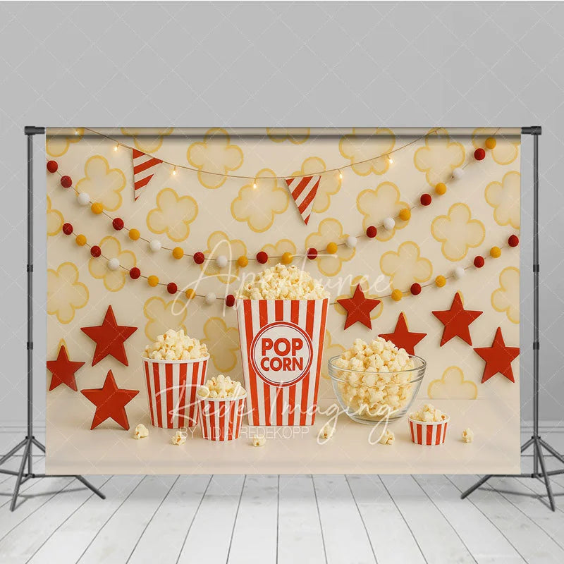 Aperturee - Aperturee Popcorn Movie Night Theme Photography Backdrop Red and White Striped Birthday Party Photo Background