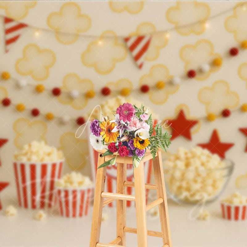 Aperturee - Aperturee Popcorn Movie Night Theme Photography Backdrop Red and White Striped Birthday Party Photo Background