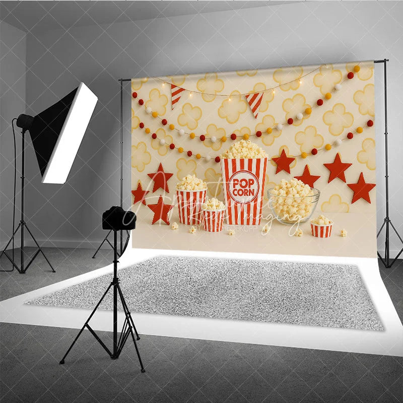 Aperturee - Aperturee Popcorn Movie Night Theme Photography Backdrop Red and White Striped Birthday Party Photo Background