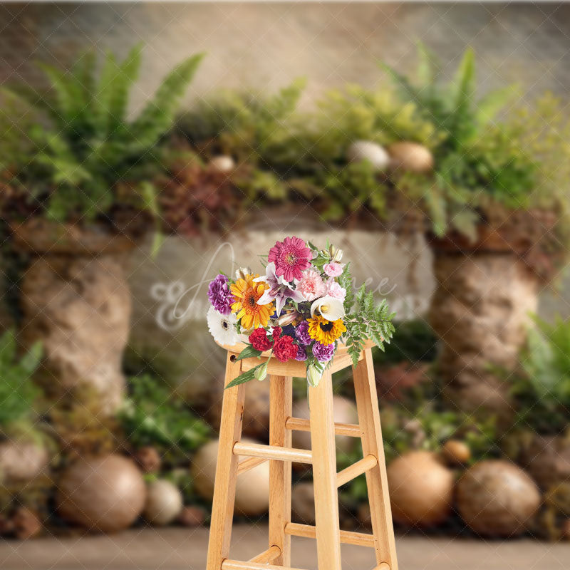 Aperturee - Aperturee Prehistoric Dinosaur Egg Photography Backdrop Stone Arch and Ferns for Birthday Jurassic Cake Smash Background