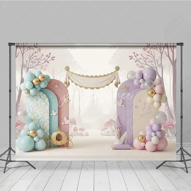 Aperturee - Aperturee Princess Castle Carriage Photography Backdrop Fairy Tale Glass Slipper Party Banner