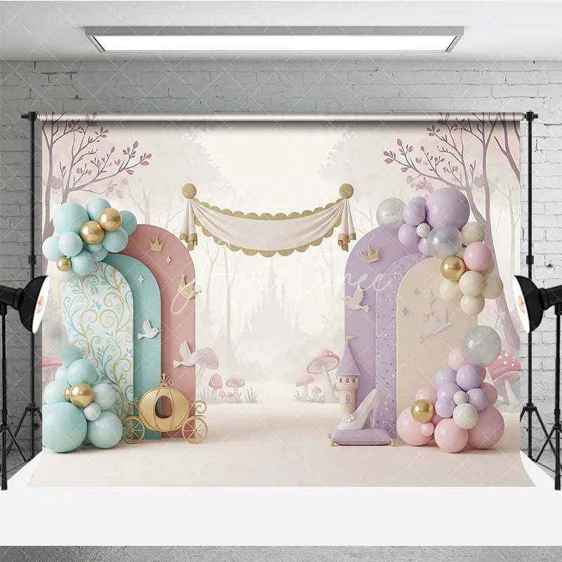 Aperturee - Aperturee Princess Castle Carriage Photography Backdrop Fairy Tale Glass Slipper Party Banner