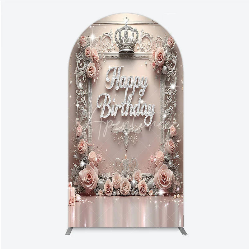 Aperturee - Aperturee Princess Happy Birthday Arch Backdrop Royal Pink and Silver with Crown Elegant Queen Themed Party Decor