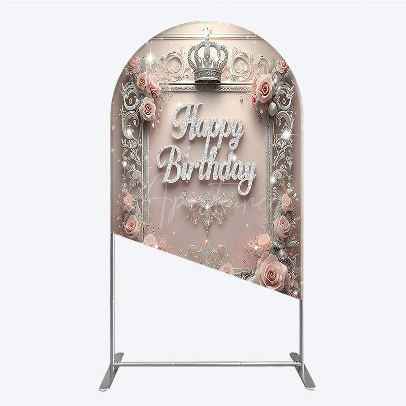 Aperturee - Aperturee Princess Happy Birthday Arch Backdrop Royal Pink and Silver with Crown Elegant Queen Themed Party Decor