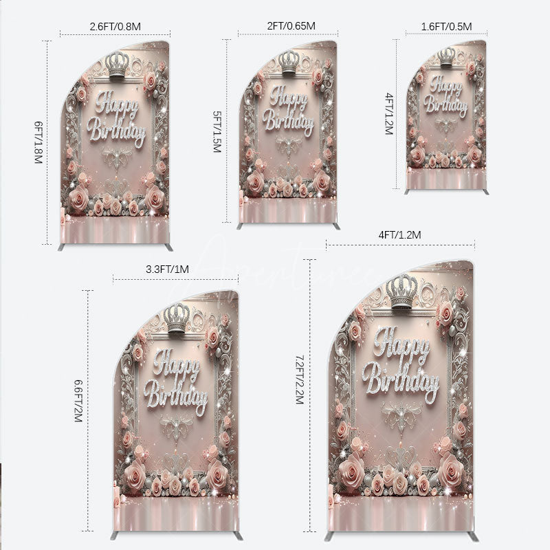 Aperturee - Aperturee Princess Happy Birthday Half Moon Arch Backdrop Royal Pink and Silver with Crown Elegant Queen Themed Party Decor