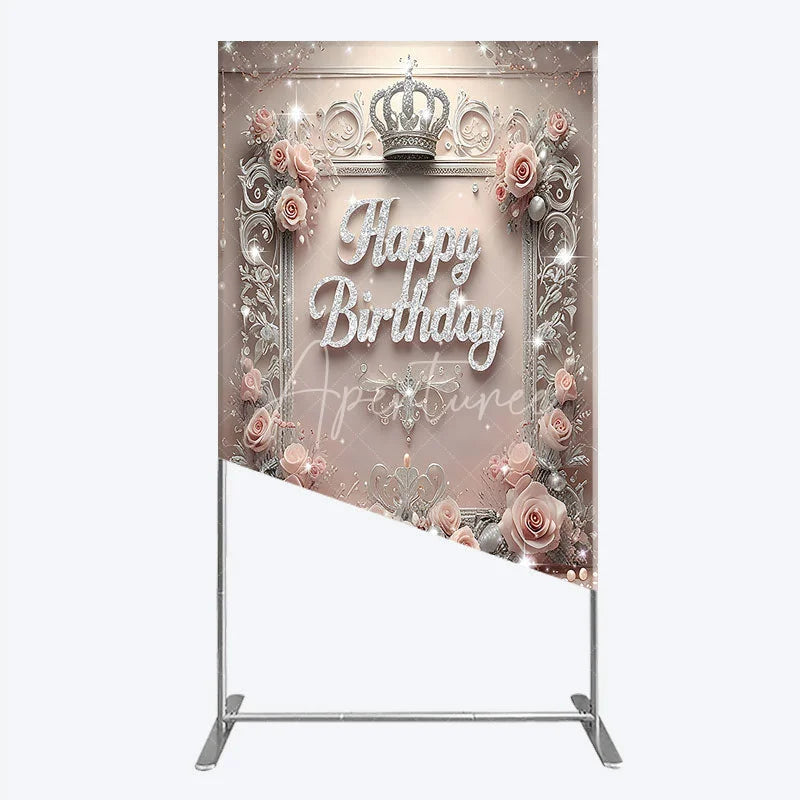 Aperturee - Aperturee Princess Happy Birthday Rectangle Backdrop Royal Pink and Silver with Crown Elegant Queen Themed Party Decor