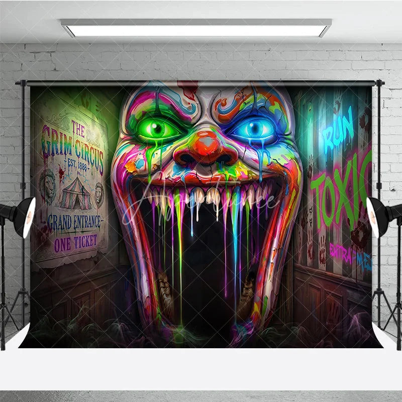 Aperturee - Aperturee Psychedelic Neon Dripping Clown Face Holiday Backdrop Grim Circus Horror Theme Party Decor with Toxic Graffiti
