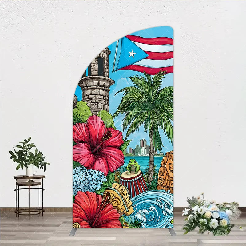 Aperturee - Aperturee Puerto Rico Flag and Tropical Flowers Half Moon Arch Backdrop Vibrant Caribbean Island Party Decor