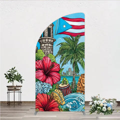 Aperturee - Aperturee Puerto Rico Flag and Tropical Flowers Half Moon Arch Backdrop Vibrant Caribbean Island Party Decor