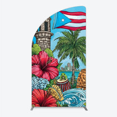Aperturee - Aperturee Puerto Rico Flag and Tropical Flowers Half Moon Arch Backdrop Vibrant Caribbean Island Party Decor