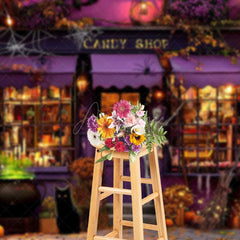 Aperturee - Aperturee Pumpkin Autumn Purple Candy Shop Halloween Backdrop