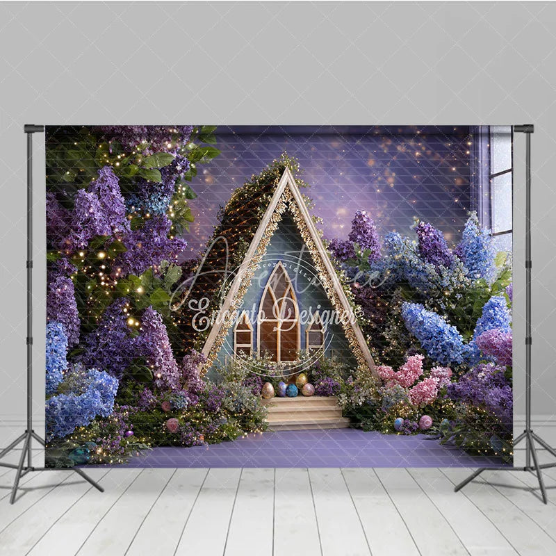 Aperturee - Aperturee Purple and Blue Floral A-Frame House Photography Backdrop Twinkling Lights Easter Eggs Decor for Studio