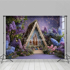 Aperturee - Aperturee Purple and Blue Floral A-Frame House Photography Backdrop Twinkling Lights Easter Eggs Decor for Studio