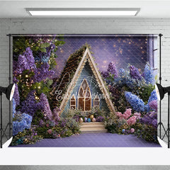 Aperturee - Aperturee Purple and Blue Floral A-Frame House Photography Backdrop Twinkling Lights Easter Eggs Decor for Studio