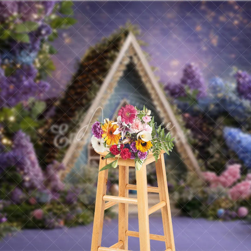 Aperturee - Aperturee Purple and Blue Floral A-Frame House Photography Backdrop Twinkling Lights Easter Eggs Decor for Studio