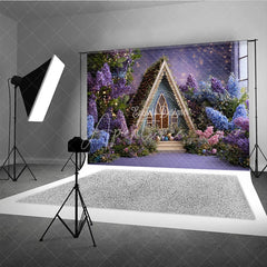 Aperturee - Aperturee Purple and Blue Floral A-Frame House Photography Backdrop Twinkling Lights Easter Eggs Decor for Studio