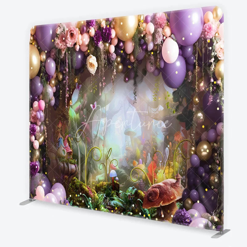 Aperturee - Aperturee Purple and Gold Balloons Enchanted Forest Square Double-Sided Backdrop Fairytale Garden Birthday Party Decor.