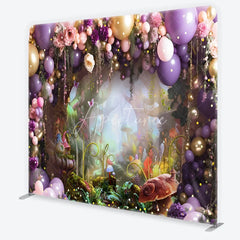 Aperturee - Aperturee Purple and Gold Balloons Enchanted Forest Square Double-Sided Backdrop Fairytale Garden Birthday Party Decor.