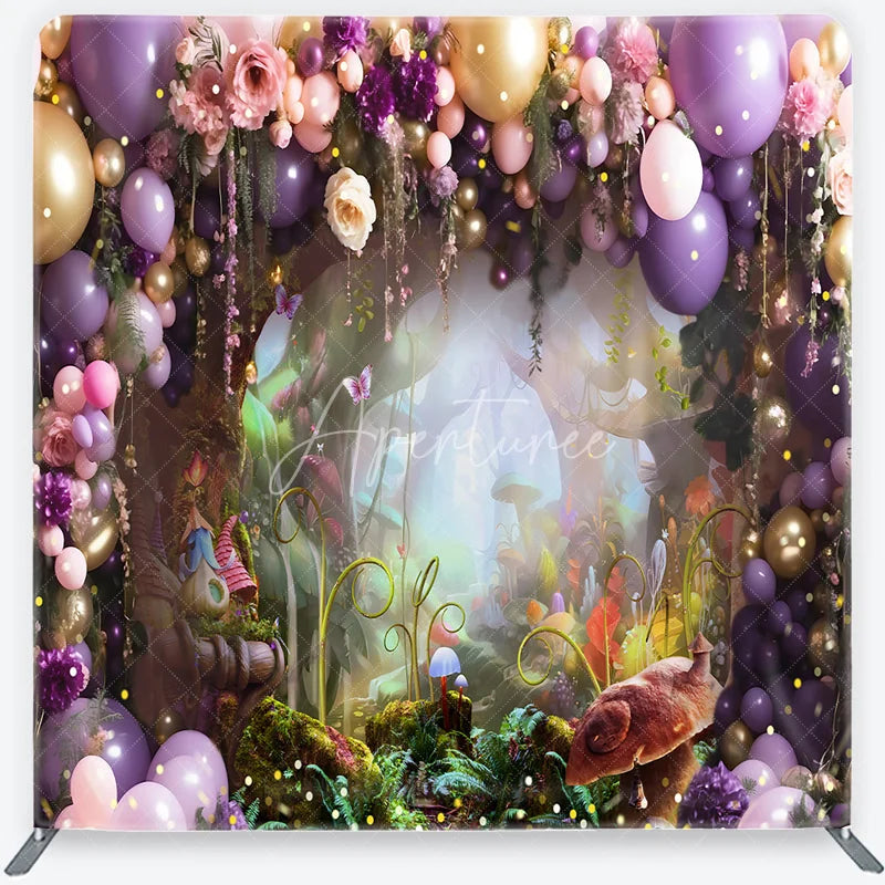 Aperturee - Aperturee Purple and Gold Balloons Enchanted Forest Square Double-Sided Backdrop Fairytale Garden Birthday Party Decor.