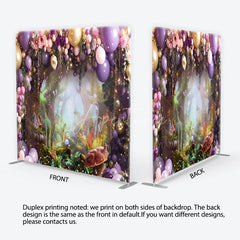 Aperturee - Aperturee Purple and Gold Balloons Enchanted Forest Square Double-Sided Backdrop Fairytale Garden Birthday Party Decor.