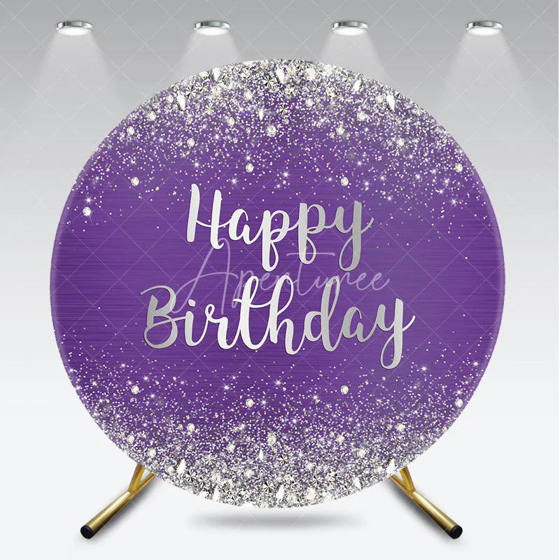 Aperturee - Aperturee Purple and Silver Glitter Happy Birthday Round Backdrop Elegant Diamond Sparkle Celebration Party Decor