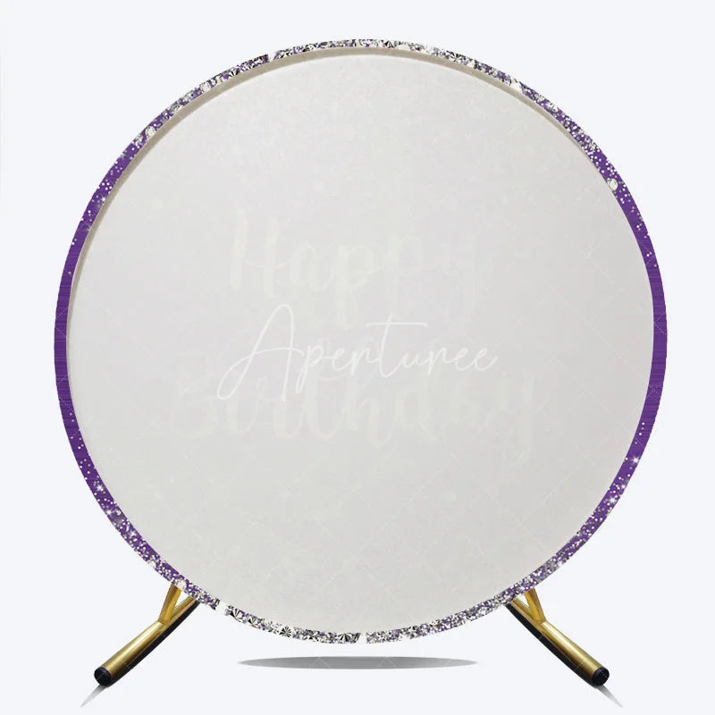 Aperturee - Aperturee Purple and Silver Glitter Happy Birthday Round Backdrop Elegant Diamond Sparkle Celebration Party Decor