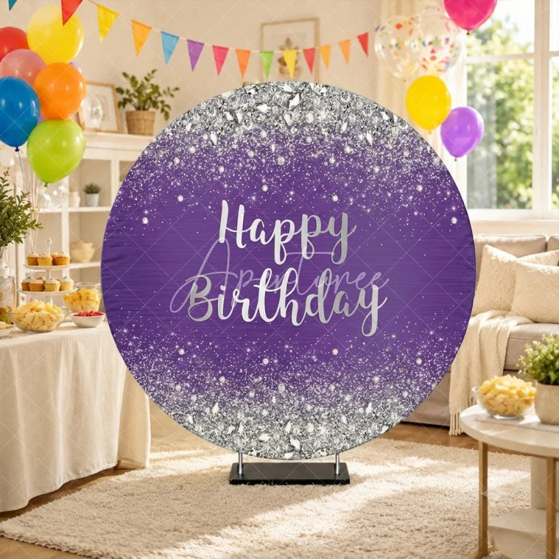 Aperturee - Aperturee Purple and Silver Glitter Happy Birthday Round Backdrop Elegant Diamond Sparkle Celebration Party Decor