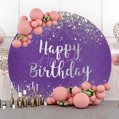 Aperturee - Aperturee Purple and Silver Glitter Happy Birthday Round Backdrop Elegant Diamond Sparkle Celebration Party Decor