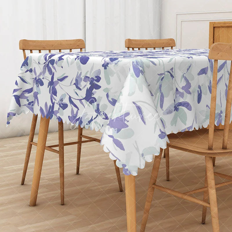 Aperturee - Aperturee Purple and White Floral Tablecloth for Spring Garden Party Wedding or Elegant Lavender Themed Decor