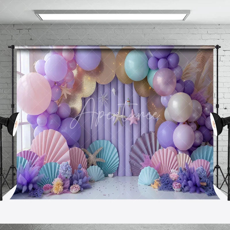 Aperturee - Aperturee Purple Arch Balloon Shells Stars Cake Smash Backdrop