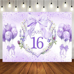 Aperturee - Aperturee Purple Balloons Bow Floral Sweet 16 Birthday Backdrop