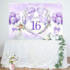 Aperturee - Aperturee Purple Balloons Bow Floral Sweet 16 Birthday Backdrop