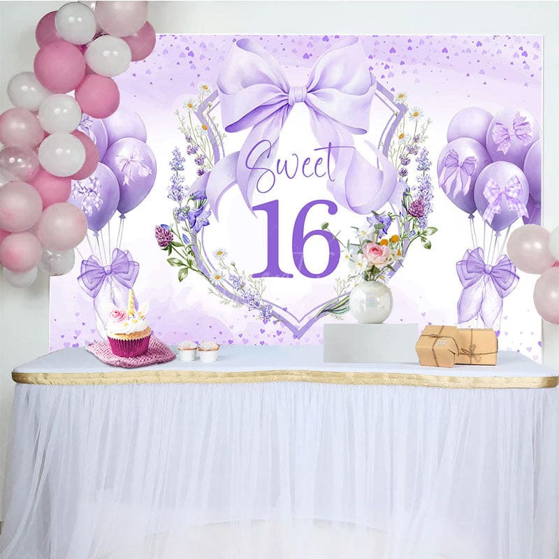 Aperturee - Aperturee Purple Balloons Bow Floral Sweet 16 Birthday Backdrop