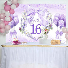 Aperturee - Aperturee Purple Balloons Bow Floral Sweet 16 Birthday Backdrop