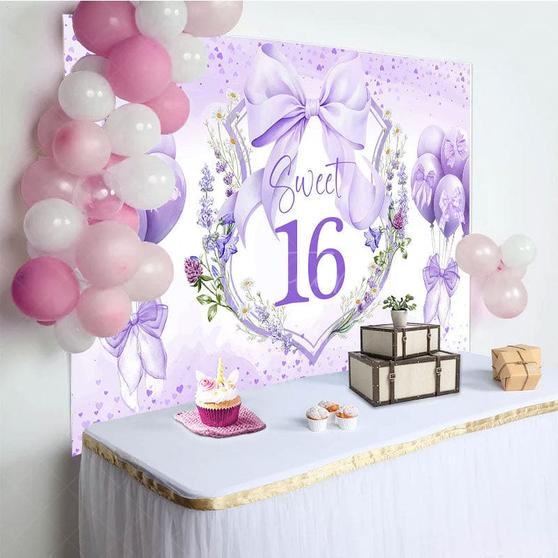 Aperturee - Aperturee Purple Balloons Bow Floral Sweet 16 Birthday Backdrop