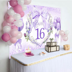 Aperturee - Aperturee Purple Balloons Bow Floral Sweet 16 Birthday Backdrop