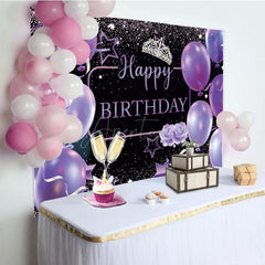 Aperturee - Aperturee Purple Balloons Glitter Crown Happy Birthday Backdrop