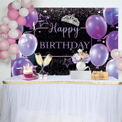 Aperturee - Aperturee Purple Balloons Glitter Crown Happy Birthday Backdrop