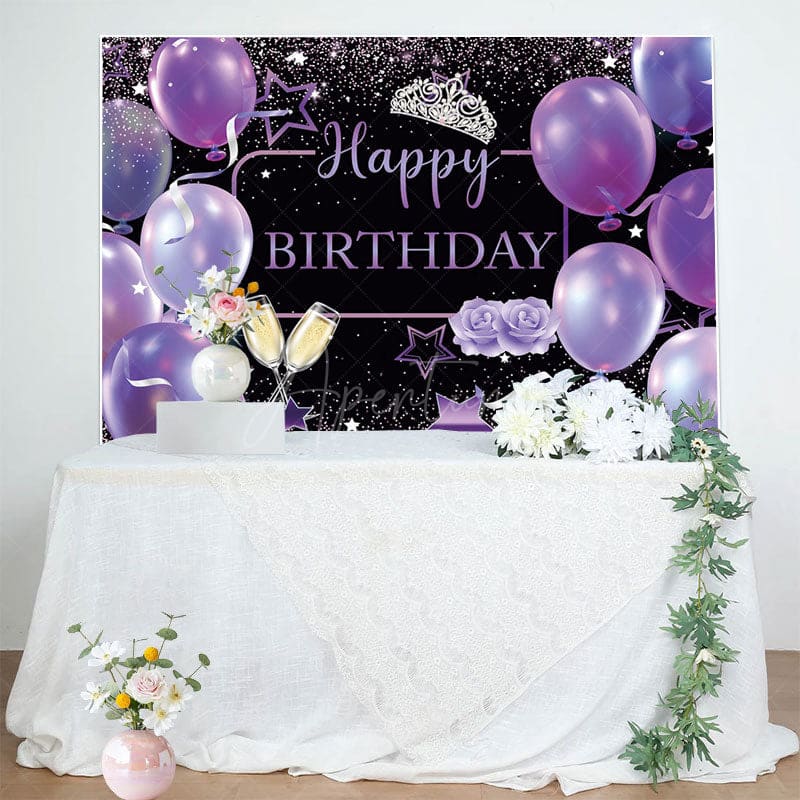 Aperturee - Aperturee Purple Balloons Glitter Crown Happy Birthday Backdrop