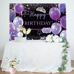 Aperturee - Aperturee Purple Balloons Glitter Crown Happy Birthday Backdrop